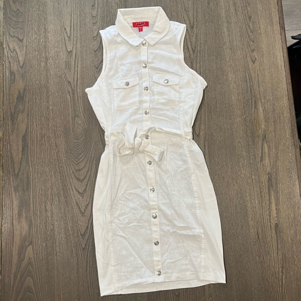 NWOT Guess Los Angeles Linen Blend White Collared Utility Tie Waist Dress Sz M